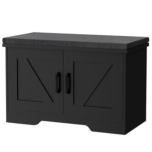 Farmhouse Shoe Storage Bench with Barn Doors & Padded Seat Cushion