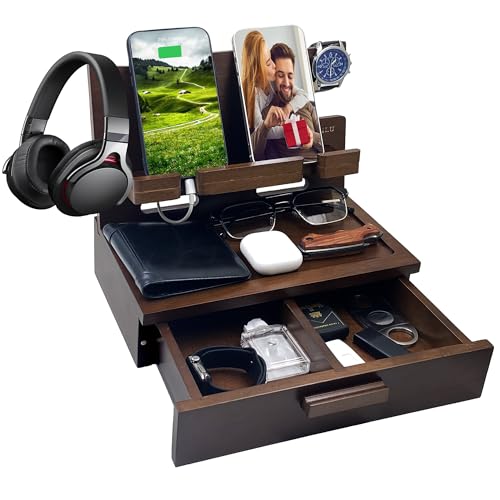 Gifts for Him Husband Boyfriend Son Men Nightstand Organizer Wood Phone Docking Station