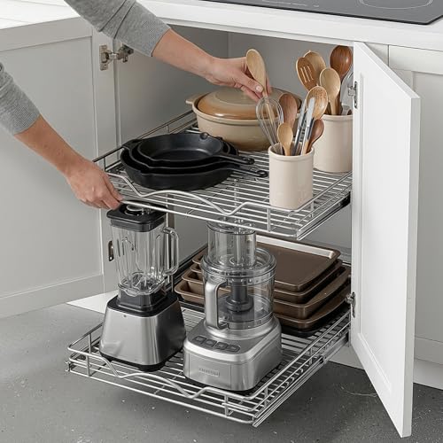 2-Tier Pull-Out Cabinet Organizer with Heavy-Duty Steel Frame, Full-Extension Sliding Shelves, Holds 100 lbs, Easy Install for Kitchen, Pantry & Under Sink Cabinets