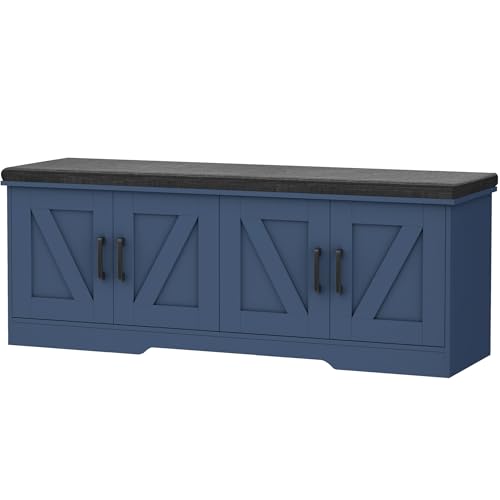 Farmhouse Shoe Storage Bench with Barn Doors & Padded Seat Cushion