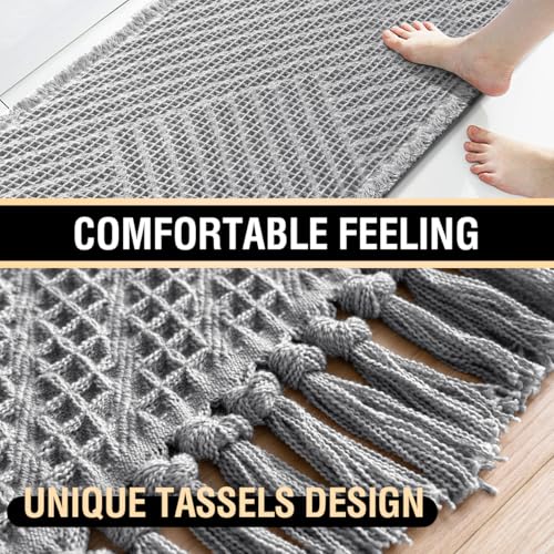 Waffle Bath Mat Super Absorbent Boho Bath Mat Non Slip Bath Rugs for Bathroom Floor Machine Washable Dry Fast Bathroom Rugs with Tassels