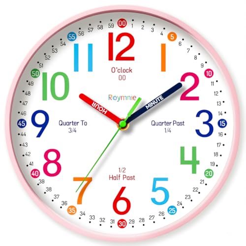 Wall Clock for Kids Learning to Tell Time Easily Clock Non Ticking Battery Operated Colorful Teaching Time Clock Decorative for Kids Room Classroom School