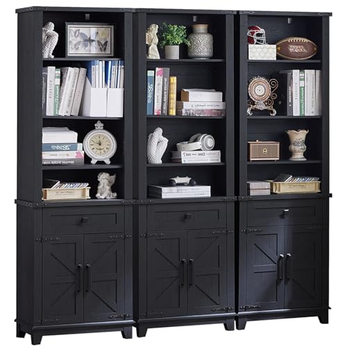 72in Tall Bookshelf 7 Tier Bookcase with Drawer and Barn Doors and Adjustable Shelves