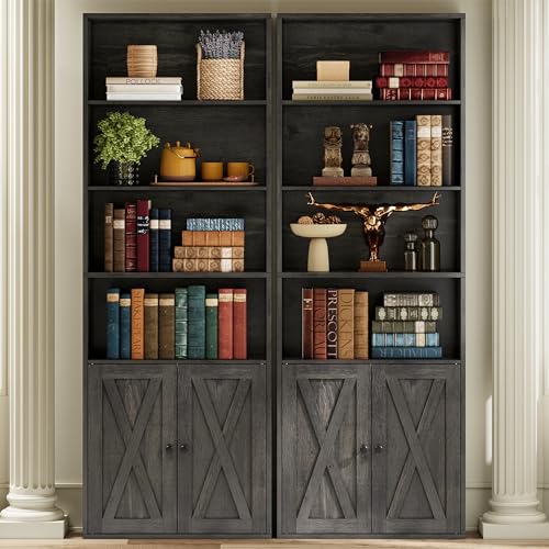 Industrial Bookshelves and Bookcases with Doors Set of 2 Floor Standing 6 Shelf Display Storage Shelves 70 in Tall Bookcase for Home Office