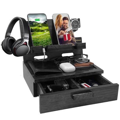 Gifts for Him Husband Boyfriend Son Men Nightstand Organizer Wood Phone Docking Station