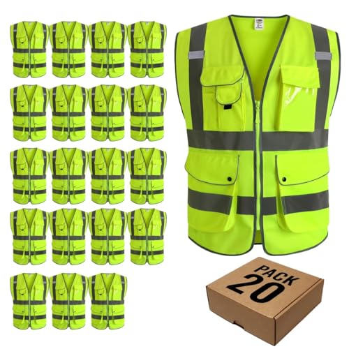 9 Pockets Class 2 High Visibility Zipper Front Safety Vest With Reflective Strips Meets ANSI