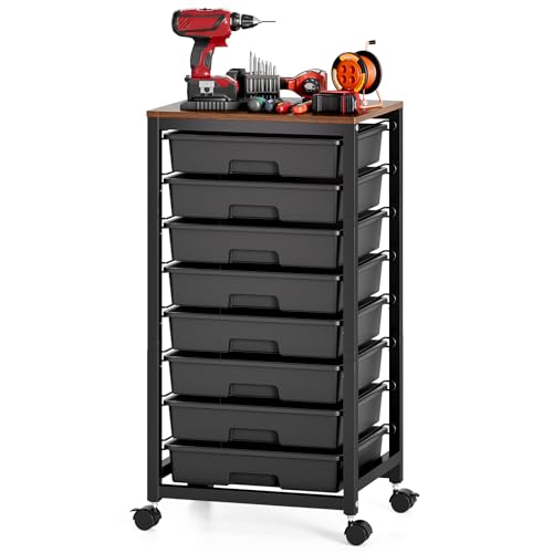 Rolling Cart with 8 Drawers and Wooden Tabletop