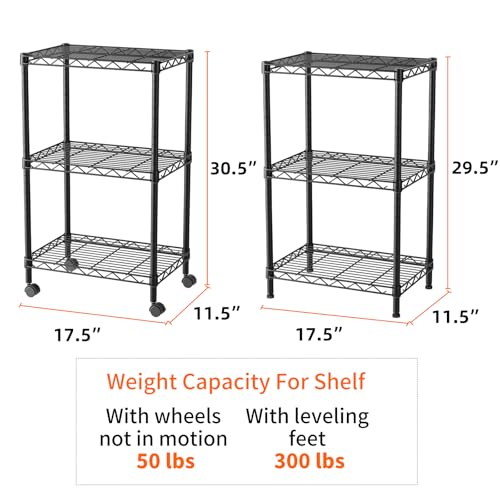 3 Shelves Storage Shelf Wire Shelving Unit Metal Adjustable Wheels