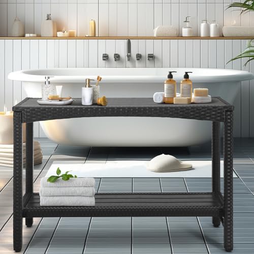 Outdoor Console Table Patio Buffet Bar Storage Organizer 45" Long Wicker Sofa Serving Sideboard Table 2