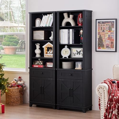 72in Tall Bookshelf 7 Tier Bookcase with Drawer and Barn Doors and Adjustable Shelves