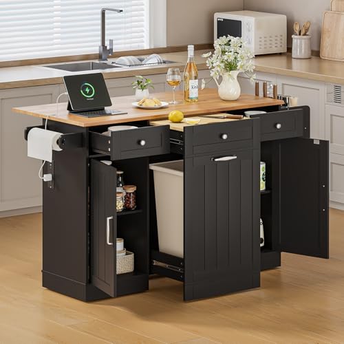 61" Kitchen Islands with Movable Wood Cutting Board & Trash Storage Cabinets