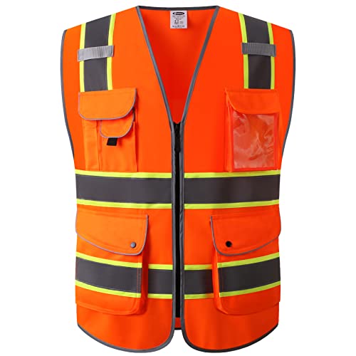 9 Pockets Class 2 High Visibility Zipper Front Safety Vest With Reflective Strips Meets ANSI