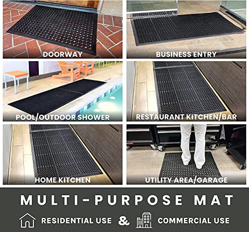Outdoor Rubber Floor Mat Anti Slip Commercial Resturant Kitchen Mat Rubber Drainage Mat 60 x 35 Inch Heavy Duty Mat for Garage Garden Indoor Outside Industral Pool Entrance Bar Wet Area Use