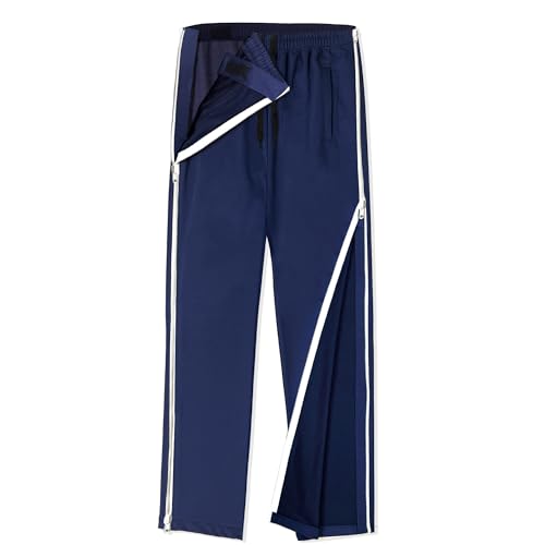 Unisex Tearaway Pants with 2 Side Zippers Snaps for Post Surgery Men Cotton Rip Off Breakaway Pant for Hip Replacement