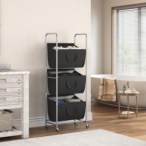 3 Tier Vertical Rolling Laundry Hamper with Wheels & Removable Bags