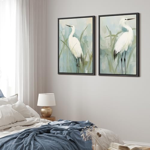 Framed Canvas Print Wall Art White Heron Pair in Marsh Coastal Illustrations Modern Art Decorative Bohemian Colorful for Living Room