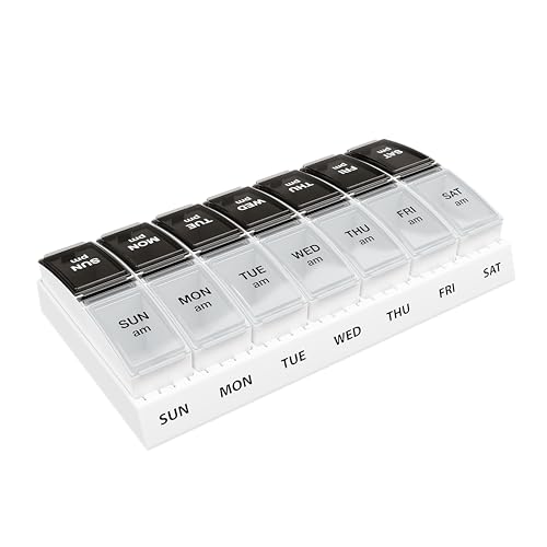 Weekly (7-Day) AM/PM Pill Organizer, Vitamin and Medicine Box, Large Pop-Out Compartments, 2 Times a Day