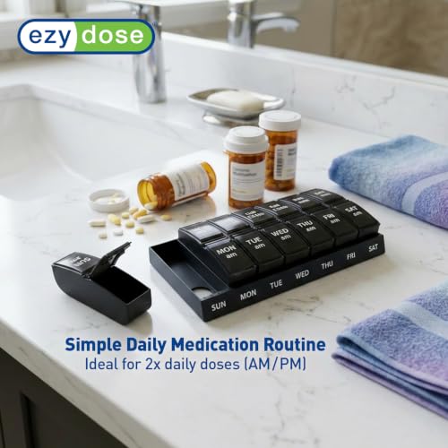 Weekly (7-Day) AM/PM Pill Organizer, Vitamin and Medicine Box, Large Pop-Out Compartments, 2 Times a Day