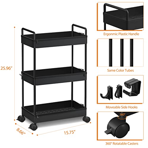 3 Tier Slim Rolling Storage Cart with Wheels Utility Organizer
