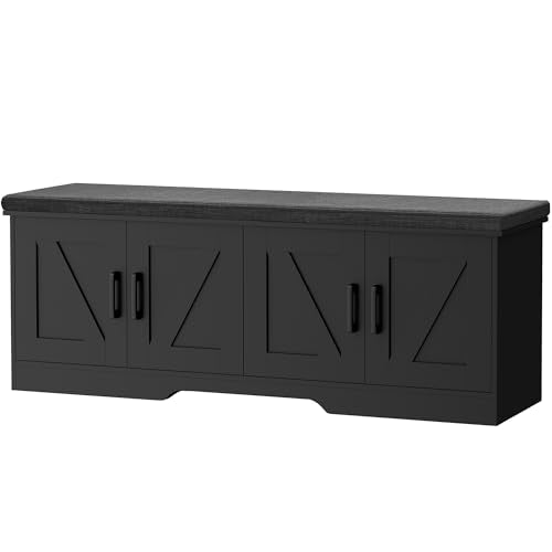 Farmhouse Shoe Storage Bench with Barn Doors & Padded Seat Cushion