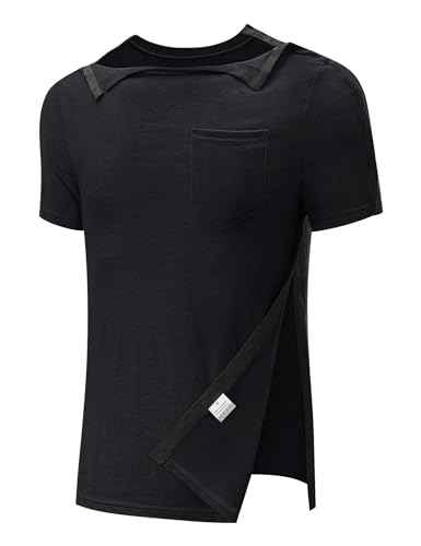 Men's Post Shoulder Surgery Recovery Shirts Full Tear Away Short Sleeve Snap Chemo Port Access Shirt