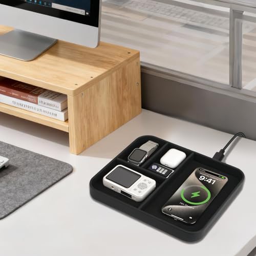 Faux Leather Valet Tray With Built in 2 In 1 Wireless Charging Compitable With iPhone