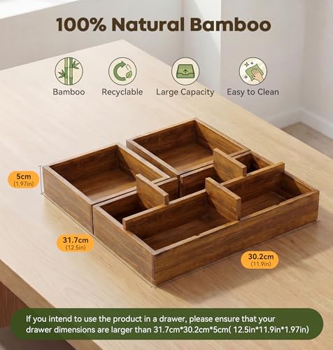 Bamboo Desk Drawer Organizer with Removable Dividers