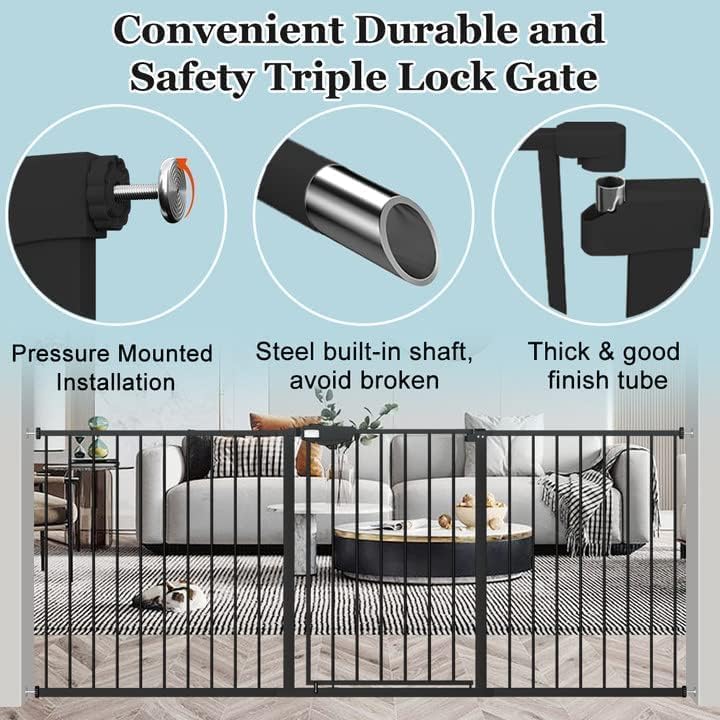 Triple Lock Baby Gate Extra Wide Pressure Mounted Walk Through Swing Auto Close Safety Black Metal Dog Pet Puppy for Stairs