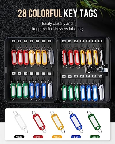 28 Key Steel Key Cabinet with Combination Lock Wall Mounted Key Organizer with Resettable Code Black Digital Security Box with Hooks and Large Key Tag Labels Identifiers in 5 Assorted Colors
