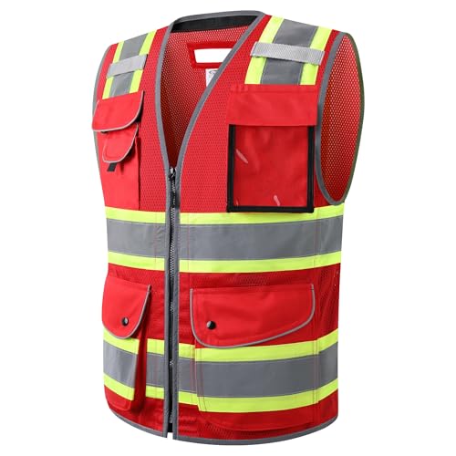 9 Pockets Class 2 High Visibility Zipper Front Safety Vest With Reflective Strips Meets ANSI