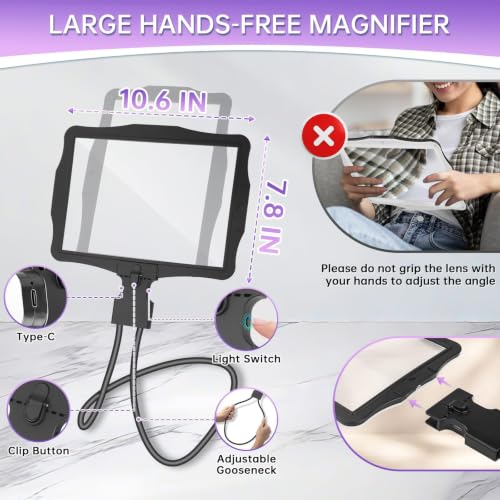 Large 10X Hands Free Magnifying Glass with Light for Reading