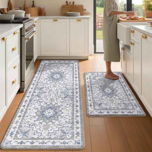 Boho Kitchen Mats for Floor 2 Piece Set Anti Fatigue Cushioned PVC Kitchen Rugs Non Slip Waterproof Farmhouse Mats 2