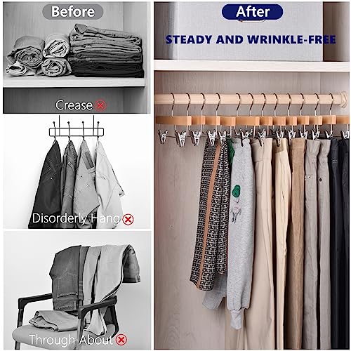 24 Pack Natural Wooden Pants Hangers with Clips