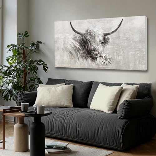 Black Woman Wall Art African American Canvas Animal Painting Cow Farmhouse Abstract Wall Decor Gray White Black Gold Modern Rustic Artwork for Living Room Bedroom Large Wall Art