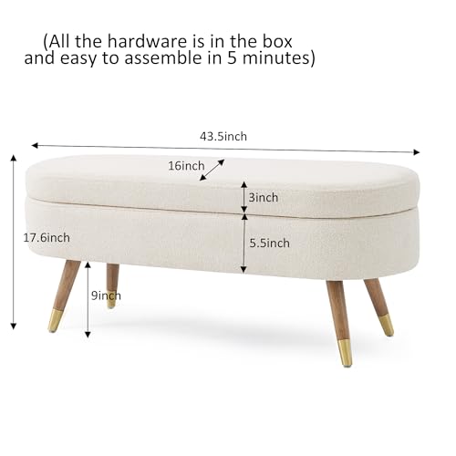Oval Storage Bench 43.5" Linen Fabric Upholstered Entryway Bench with Solid Wood Legs Ottoman Bench Indoor Bench for Living Room