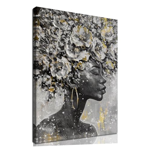 Black Woman Wall Art African American Canvas Animal Painting Cow Farmhouse Abstract Wall Decor Gray White Black Gold Modern Rustic Artwork for Living Room Bedroom Large Wall Art