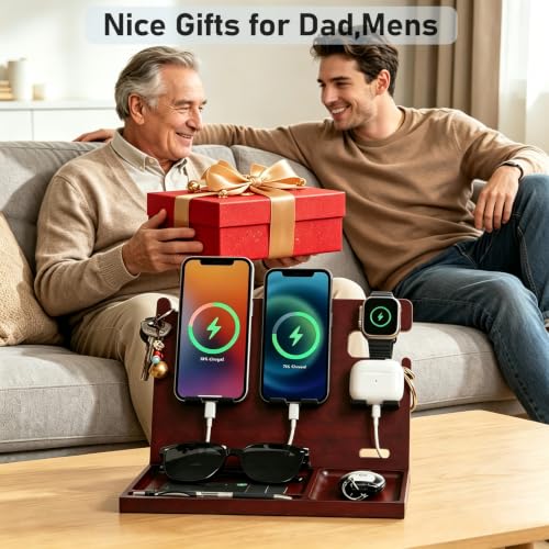 USB Charging Station for Multiple Devices Wood Phone Docking Station with QC3.0 & PD 22.5W Type c Charger Fast Charging for iPhone Samsung Google Andriod Smart Watch Earbuds Gifts for Men