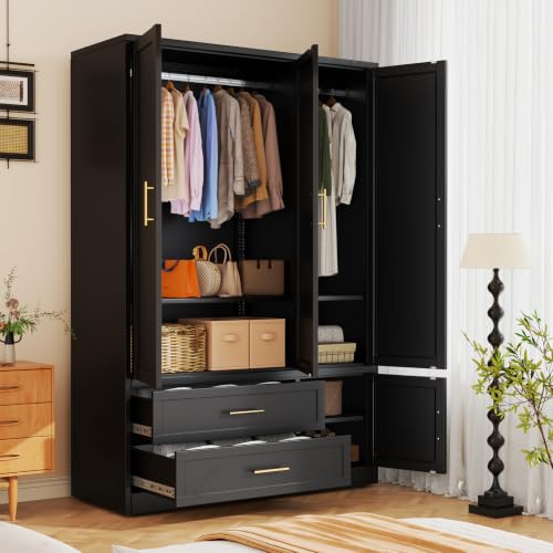 Metal Wardrobe Storage Cabinet with Hanging Rod for Bedroom