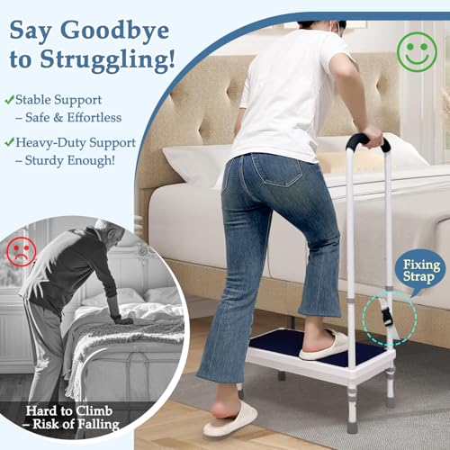 Bed Steps for High Beds for Adults Step Stool with Handle for Elderly Bedside Cane Handicap Safety Assist Wide Platform Medical Adjustable Stepping Stool for Bathtub