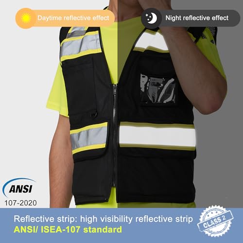 High Vis Reflective Safety Vest for Men Women Zipper Ipad Pockets Mesh Construction Apparel Neon Vest for Work
